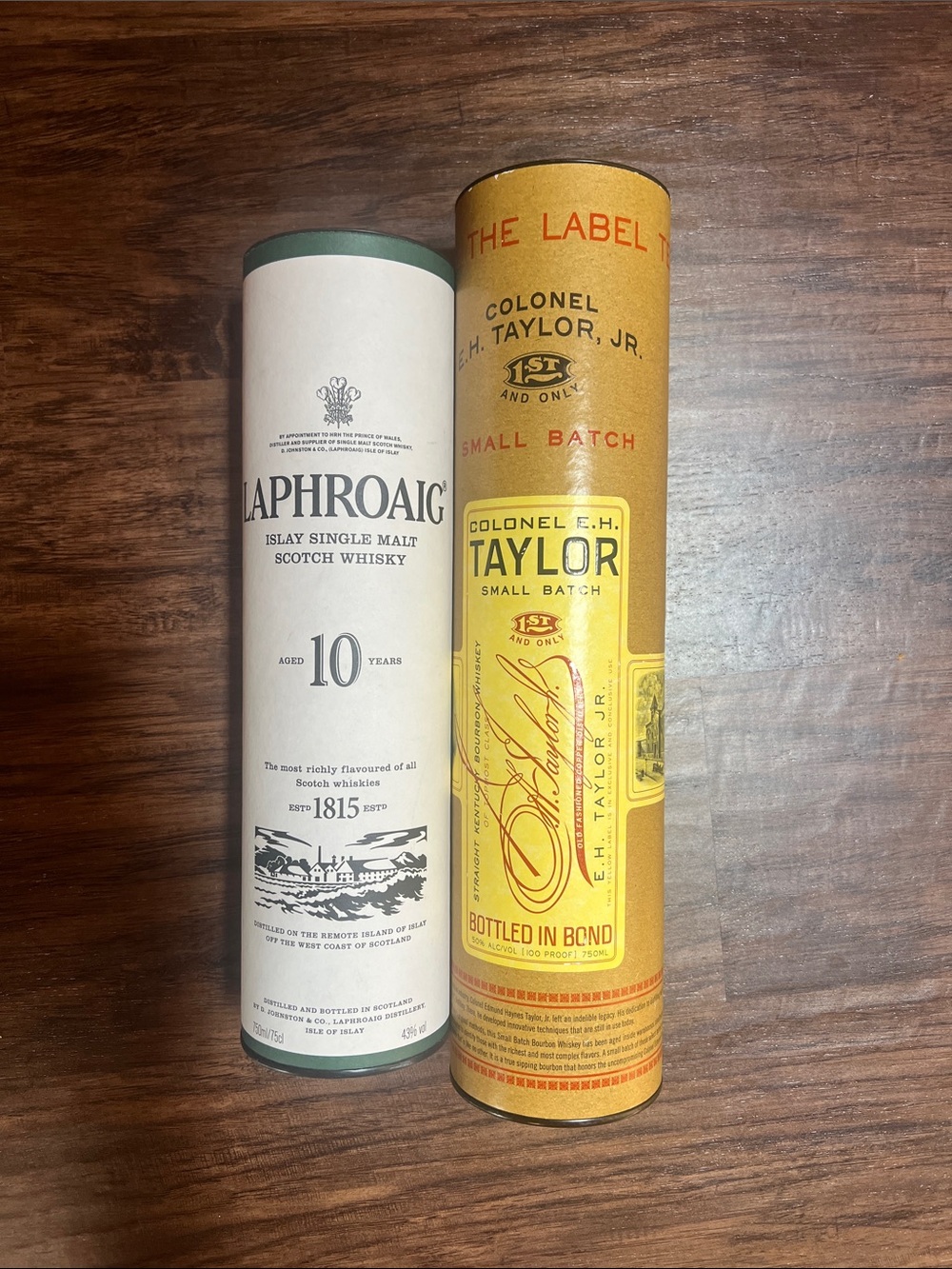 EH Taylor Bourbon and Laphroaig Scotch containers